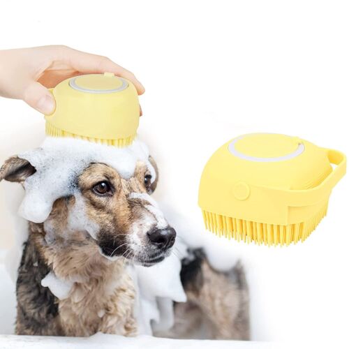 Brosse de Bain pour Chien et Chat,Brosse de Massage en Silicone,Brosse Moussante pour la Douche avec Distributeur de Savon(Jaune)