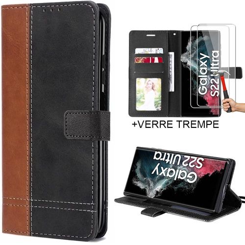 Lot 2 Verres Trempés + Coque Pour Samsung S22 Ultra - Anti-Choc Protection 360° Marron - E.F.Connection