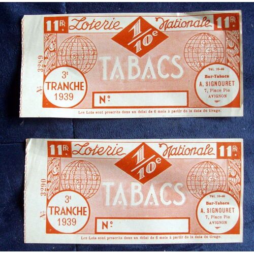 2 Billets  Loterie Nationale  Tabacs 1939