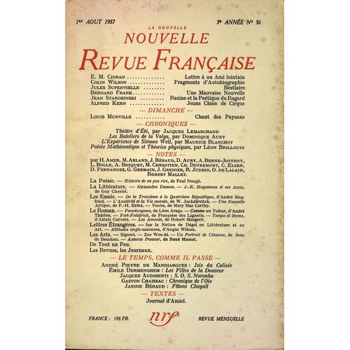 Nouvelle Nouvelle Revue Francaise (La) N° 56 Du 01/08/1957 - E M Cioran Lettrea Un Ami Lointain - Colin Wilson Fragments D Autobiographie - Jules Supervielle Bestiaire - Bernard Frank Une Mauvaise ...