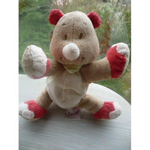 doudou rhinocéros beige écru et rouge de chez Bengy