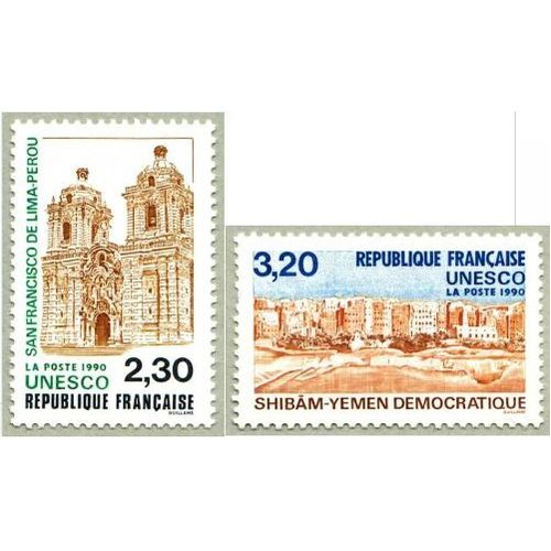 France 1990, Très Belle Paire Neuve** Luxe Timbres De Service De L'unesco, Patrimoine Mondial, Yvert 102, Église San Francisco De Lima Au Pérou, Et 103, Site De Shibam Au Yemen.
