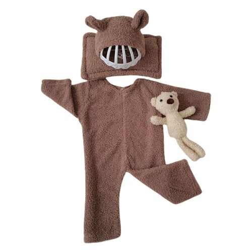Combinaison et chapeau pour nouveau-né, 4 pièces, accessoires de photographie, barboteuse à manches longues pour bébé, combinaison et chapeau, ours, oreiller, peluche chaude
