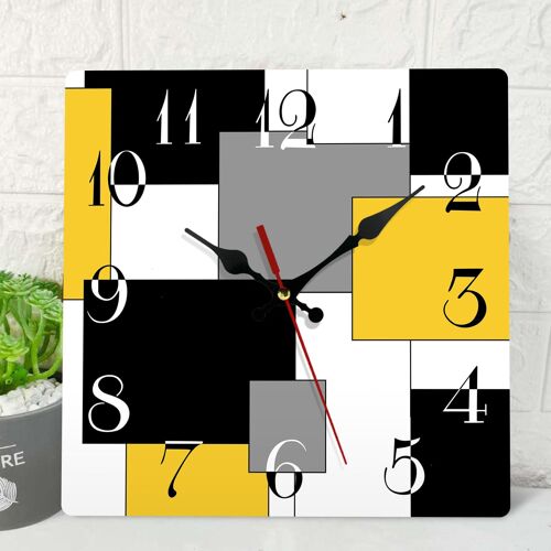 Horloge murale en bois silencieuse sans tic-tac, jaune, noir, gris, abstrait, géométrique, minimaliste, carré, rustique, décoration pour la maison, la cuisine, le salon, le bureau (12 pouces)