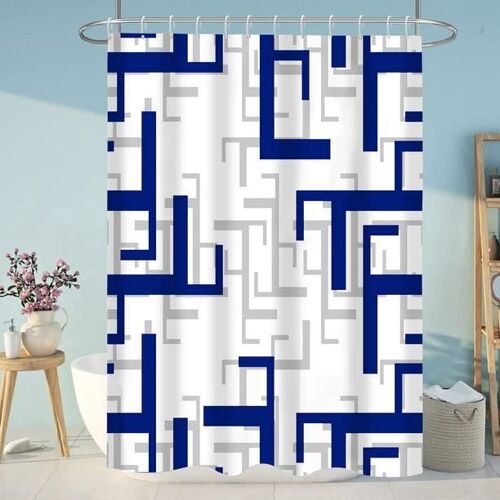 Rideau de douche bleu, rideau de salle de bain bleu avec crochets, rideau de douche gris pour salle de bain, rideaux de douche géométriques blancs modernes, déperlants et lavables en machine, 183 x 183 cm