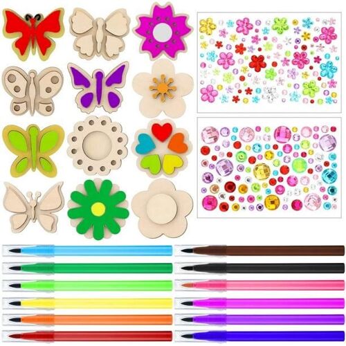 Kit De Bricolage Créatif De 12 Aimants En Bois Pour Noël : Peinture, Fleurs Et Papillons, 12 Pinceaux Aquarelle Et 2 Autocollants Acryliques. Idéal Pour Les Fêtes D'anniversaire.