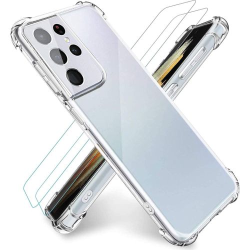 Coque Silicone TPU Transparente Angles Renforces + 2 Verres Trempes Pour Samsung Galaxy S21 Ultra 5G Little Boutik® Couleur :