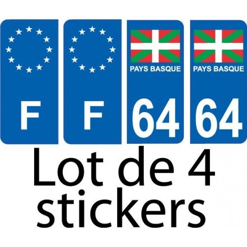 64 Pays Basque Drapeau Lot De 4 Sticker Autocollant - F Europe - Plaque Immatriculation Auto - Arrondis