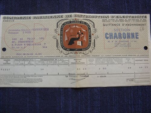 1938 Quittance Illustrée "Cie Parisienne De Distribution D'électricité" "La Chaleur Où L'on Veut Avec L'électricité"