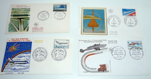 Lot De 4 Enveloppes Premier Jour, Aéroport D'orly 1961, Salon Du Bourget 1965, Concorde 1976, Villacoublay-Pauillac 1978