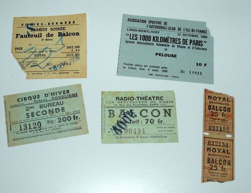 Lot De 5 Tickets; 1000 Kilomètres De Paris 1969, Cirque D'hiver Bouglione, Folies Bergère 1956, Radio-Théâtre, Cinéma Royal Montpellier