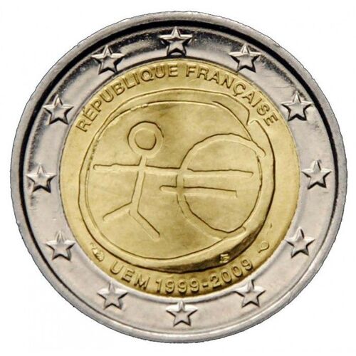 Pièce De Monnaie De Collection De 2 Euros Commémorative : 10ème Anniversaire De L'union Économique Monétaire (Uem) - France 2009 . Métal = Bronze Aluminium Et Nickel.