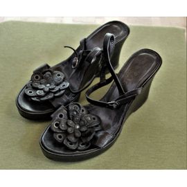 Compensèes Minelli Avec Belle Fleur,L'ensemble En Cuir Noir.Pointure:37