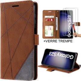 Coque pour Samsung Galaxy S23 Effet Cuir Motif Rayures Marron + 2 Verres Trempés - E.F.Connection