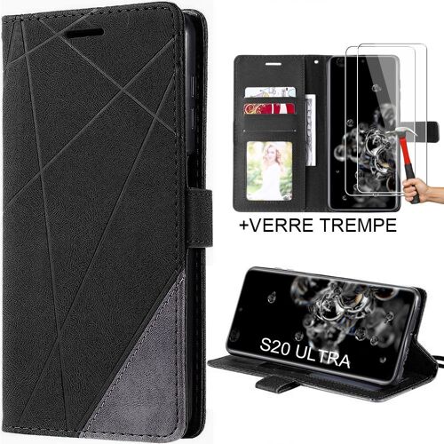 Coque + 2 Verres Trempés pour Samsung Galaxy S20 Ultra - Coque Effet Cuir Noir - E.F.Connection