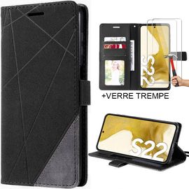 Coque Flip Case avec 2 Verres Trempés pour Samsung Galaxy S22 - Effect Cuir Noir - E.F.Connection