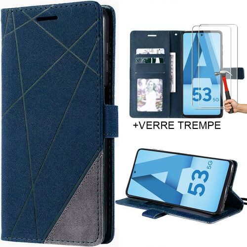 Coque pour Samsung Galaxy A53 5G + 2 Verres Trempés, Effet Cuir Motif Rayures Bleu Marine - E.F.Connection