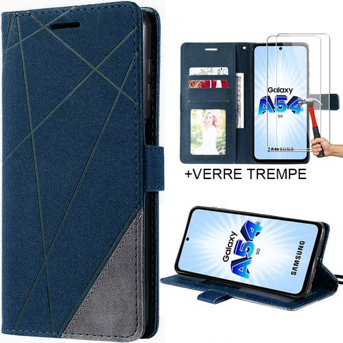 Coque Pour Samsung Galaxy A54 5g + 2 Verres Trempés - Cuir Synthétique Bleu Marine - E.F.Connection