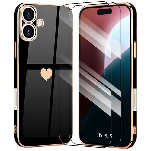 Coque + 2 Verres Trempés pour iPhone 16 Plus, TPU avec Motif d¿Amour C?ur, Protection Antichoc, Noir - E.F.Connection