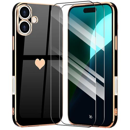 Coque + 2 Verres Trempés Pour Iphone 16, Coque En Silicone Liquide Motif Amour, Protection Antichoc - Noir - E.F.Connection