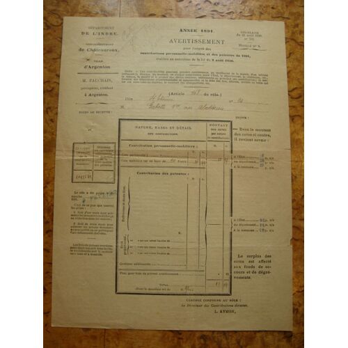 1891 Avis D'imposition Et Lettre D'acceptation De Décharge Relative À Cette Imposition