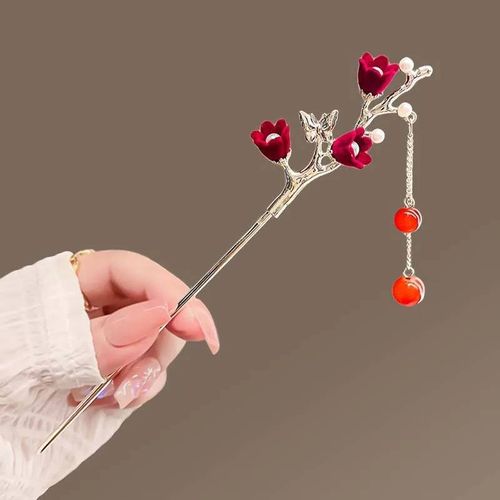 Épingle À Cheveux Rose Rétro Pour Femmes,Style Chinois,Pompon,Épingles À Cheveux,Fleur,Épingles À Cheveux Faites À La Main,Couvre-Chef Pour La Saint-Valentin--02
