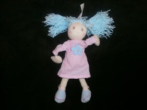 Poupée Chiffon Doudou Kaloo Fille Robe Rose Cheveux Bleu 18 Cm