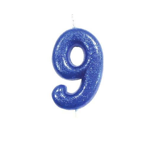 BOUGIE CHIFFRE 9 ANNIVERSAIRE 7CM PAILLETÉ BLEU