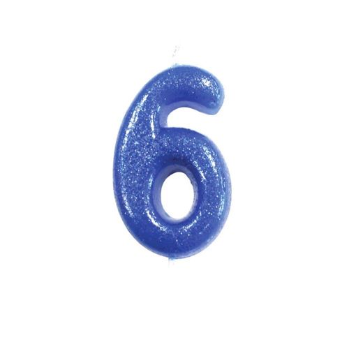 BOUGIE CHIFFRE 6 ANNIVERSAIRE 7CM PAILLETÉ BLEU