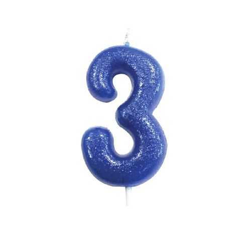 BOUGIE CHIFFRE 3 ANNIVERSAIRE 7CM PAILLETÉ BLEU