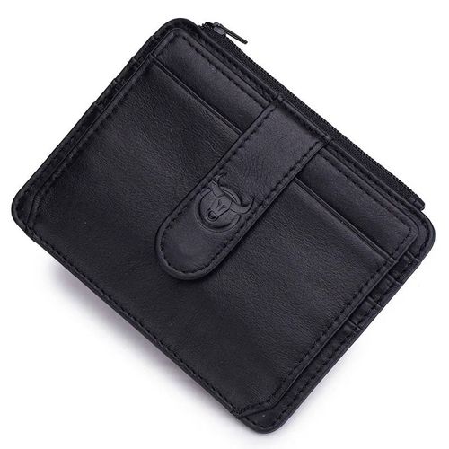 BULLCAPTAIN en cuir véritable RFID bloquant fermeture éclair porte-carte chariot de crédit portefeuille Mini mince portefeuille porte-cartes et porte-cartes d'identité homme d'affaires--Black