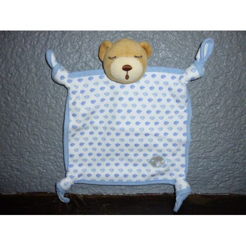 Doudou Kaloo, Ours Dormeur Plat Carré, Coton Blanc Poissons Bleus Et Argenté