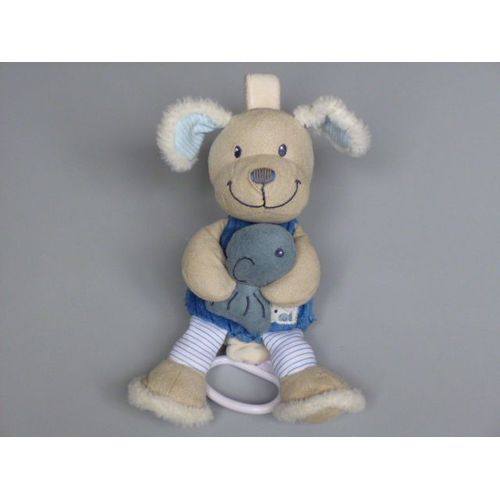 Doudou Peluche Chien Musical Bleu Côtelé Beige Poisson Gris Pommette