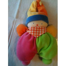 Corolle 2003 Peluche Doudou Lutin Clown Rose Vert Bleu Jaune Bandana Carreau Blanc Orange Hochet 20 Cm