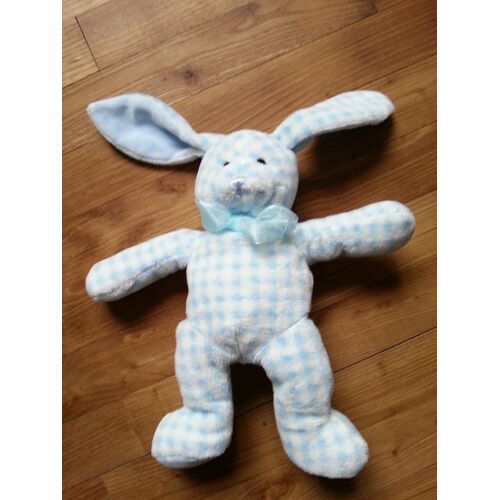 Lapin Bleu Vichy Carreau Doudi Noeud 25 Cm + 10 Cm D'oreilles.