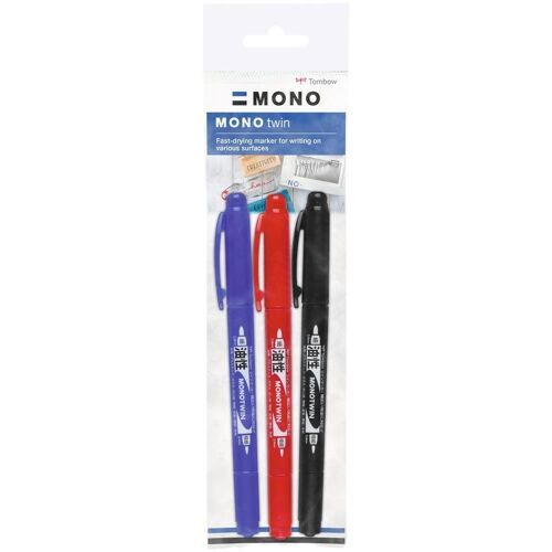 Tombow Kit 3 Marqueur Permanent Mono Twin 0,8 Et 0,4 Mm Bleu Noir Rouge