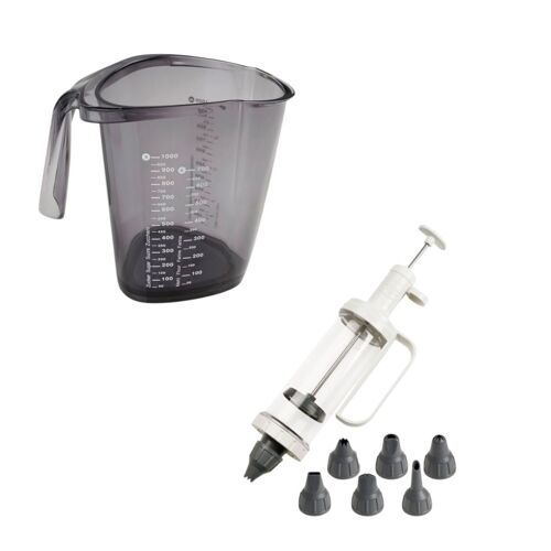 Dr Oetker 9928450 Verre Doseur 1 Litre, Verre Mesureur, Seringue À Décorer Avec 6 Embouts, Seringue Pâtisserie, Plastique, Gris, 1 Litre, 19 Cm, Acier Inoxydable, 27,5 X 8 X 5,5 Cm