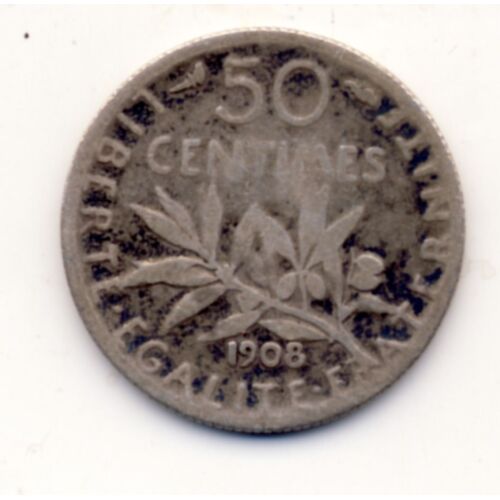 Pièce Très Usagée 50 Centimes 1908 France