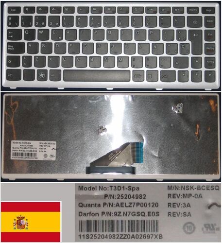 Clavier Qwerty Espagnol / Spanish Pour LENOVO IdeaPad U310 Series, Noir / Black, Blanc-frame, Model: T3D1-Spa, NSK-BCESQ, P/N: 9Z.N7GSQ.E0S, 25204982, AELZ7I00120