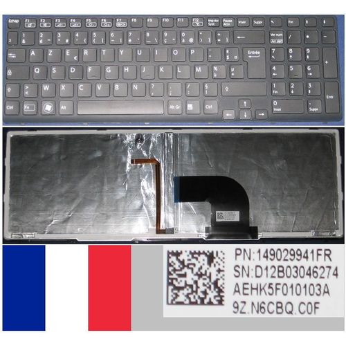 Clavier Azerty Français / French Pour SONY VAIO SVE15 SVE-15 SVE 15 Series, Noir / Black, Noir-frame, BACKLIT, Model: AEHK5F010103A, P/N: 9Z.N6CBQ.C0F, D12B03046274, 149029941FR