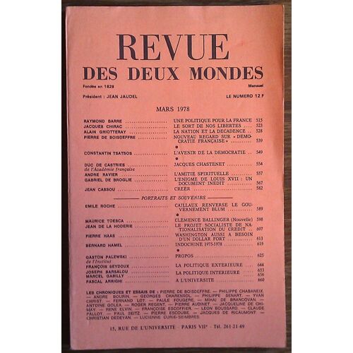 Revue Des Deux Monde N° 3 , Mars 1978, Barre, Chirac, Tsatsos, Toesca, Roche...