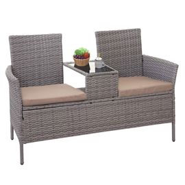 Banc Avec Table En Polyrotin Hwc-E24, Banquette De Jardin, Meuble De Jardin 132cm   Gris, Coussin Crème