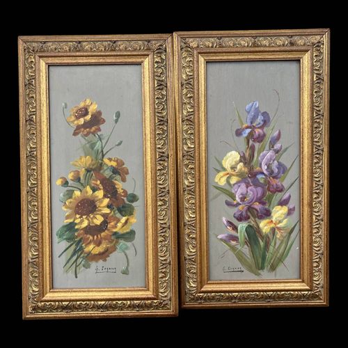 Paire de peintures florales huile sur panneau Gaston Corbier multicolore