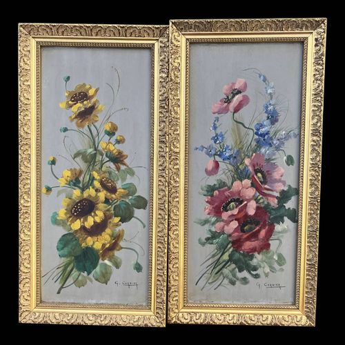 Paire de natures mortes florales huile sur panneau Gaston Corbier multicolore