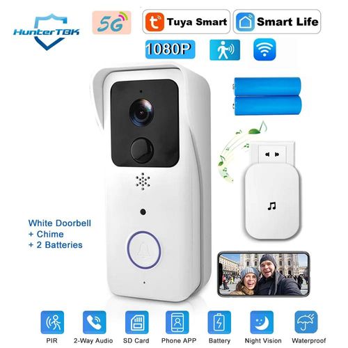 Sonnette vidéo WiFi 5G 2.4G 1080P Tuya,interphone intelligent d'extérieur sans fil,caméra sans fil étanche,sonnerie-prise ue-White Option 2