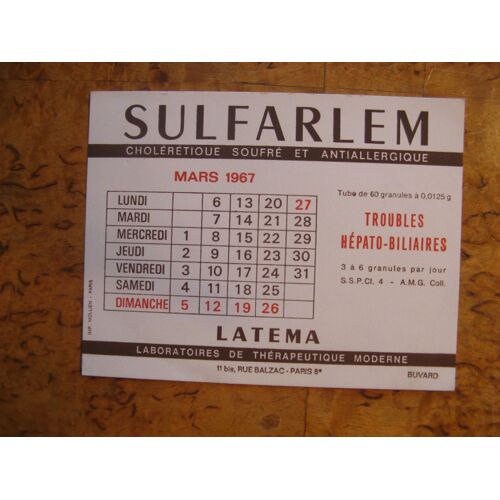 Buvard Ancien Publicité Sulfarlem 1967 Avec Calendrier (Lab Latéma)