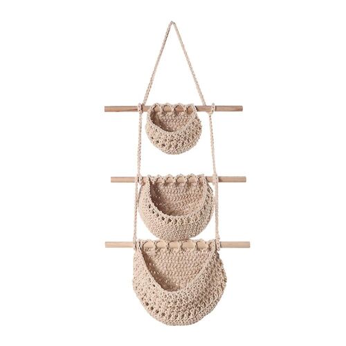 Wall-mounted Three-tier Fruit Hanging Basket Bohemian Fruit Net Pocket Hand-woven Rope Hanging Bask