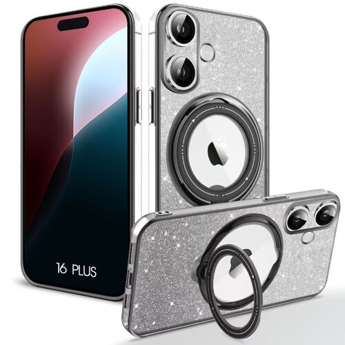 Coque pour iPhone 16 Plus avec Support Magnétique Rotatif - Protection Silicone Anti-Rayures Effet Scintillant Noir - E.F.Connection