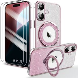 Coque + 2 Verres Trempés pour iPhone 16 Plus, Protection Silicone Effet Brillant Anti-Rayures avec Support Magnétique - Rose - E.F.Connection