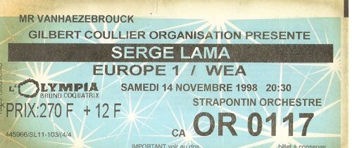 Ancien Ticket De Concert Serge Lama A L'olympia 14/11/1998